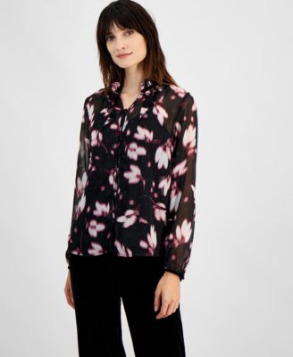 Anne Klein - Petite Floral Clip-Dot Ruffle-Neck Blouse