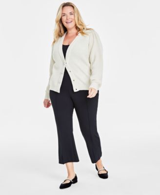 On 34th - Trendy Plus Jewel-Button Puff-Sleeve Cardigan