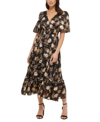 kensie - Women's Printed V-Neck Smocked-Waist Satin Midi Dress