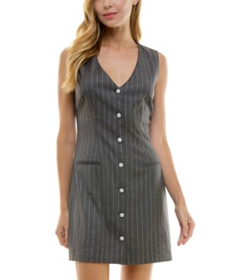 City Studios - Juniors' Metallic-Striped Faux-Pearl-Button V-Neck Jacket Dress