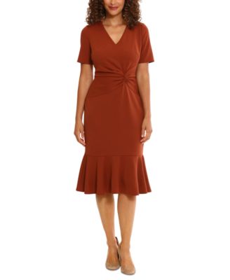 London Times - Women's Twisted Flounce-Hem Midi Dress