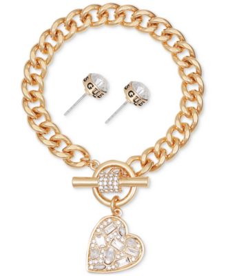 GUESS - Gold-Tone Scattered Crystal Heart Charm Link Bracelet & Logo Stud Earrings Set