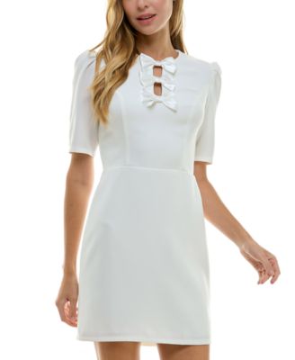 City Studios - Juniors' Bow-Trim Split-Neck Elbow-Sleeve Dress