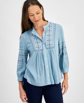 Style & Co - Petite Embroidered Button-Front Long-Sleeve Top