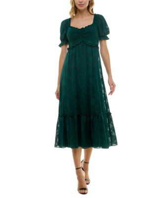 Crystal Doll - Juniors' Ruffled Smocked Puff-Sleeve Midi Dress