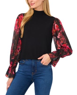 CeCe - Women's Long Sleeve Mixed-Media Mock-Neck Blouse