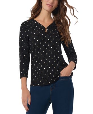 Jones New York - Petite Printed Textured Keyhole 3/4-Sleeve Top