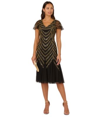 Adrianna Papell - Women's V-Neck Beaded Mesh Midi Dress