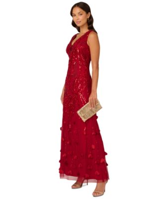 Adrianna Papell - Women's V-Neck Beaded Petal-Trim Gown