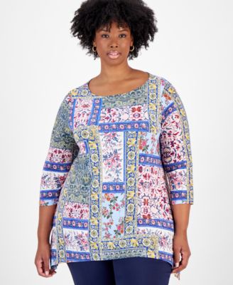 JM Collection - Plus Size Printed Swing Jacquard Top