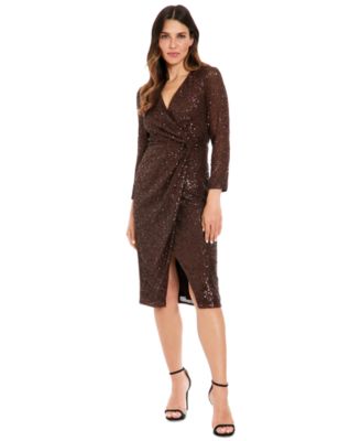 London Times - Petite Sequin Faux-Wrap Long-Sleeve Dress