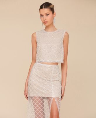 Avec Les Filles - Women's Beaded Overlay Sleeveless Top