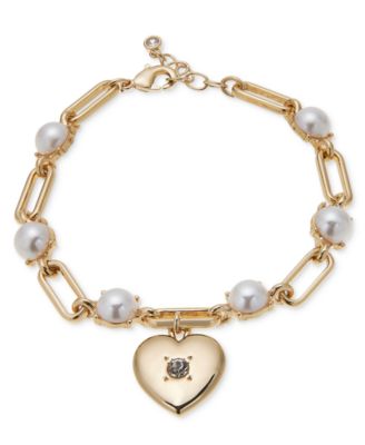On 34th - Gold-Tone Pav&eacute; Heart Charm Imitation Pearl Link Bracelet