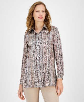 Anne Klein - Women's Printed Button-Front Long-Sleeve Shirt