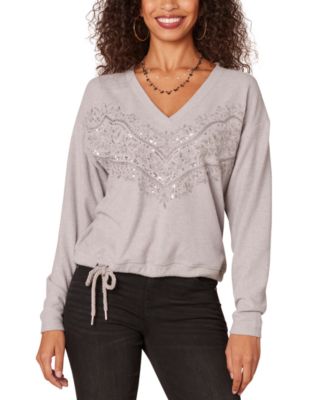 Democracy - Petite Embellished Drawstring-Hem V-Neck Top