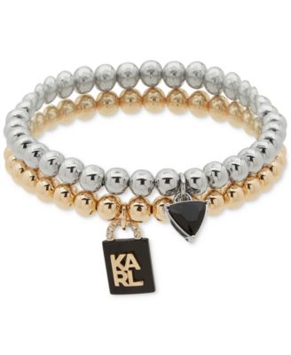 KARL LAGERFELD PARIS - Two-Tone 2-Pc. Set Logo Lock Charm Beaded Stretch Bracelets