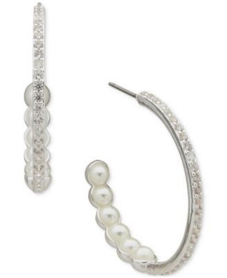 Anne Klein - Silver-Tone Small Pav&eacute; & Imitation Pearl Hoop Earrings, 0.85"