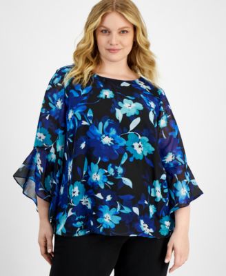Kasper - Plus Size Floral Ruffled 3/4-Sleeve Top