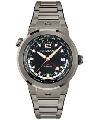 Ferragamo - Men's Swiss F-80 GMT Worldtime Gunmetal Ion Plated Stainless Steel Bracelet Watch 43mm
