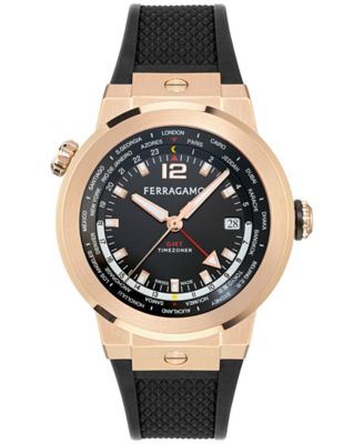 Ferragamo - Men's Swiss F-80 GMT Worldtime Black Silicone Watch 43mm