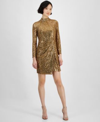 Anne Klein - Women's Mock-Neck Long-Sleeve Faux-Wrap Dress