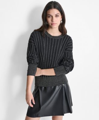 DKNY - Women's Striped Dropped-Sleeve Crewneck Sweater