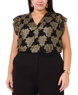 Vince Camuto - Plus Size Metallic Print Flutter-Sleeve Blouse, Created for Macy's