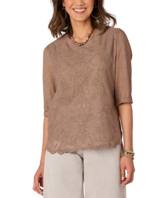 Democracy - Petite Embroidered Die-Cut-Front Knit-to-Woven Top