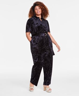 On 34th - Trendy Plus Velvet Belted Short-Sleeve Jumpsuit
