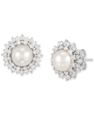 Grown With Love - Cultured Freshwater Pearl (6mm) & Lab Grown Diamond (3/4 ct. t.w.) Halo Stud Earrings in 14k White Gold