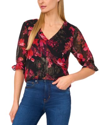 CeCe - Women's Floral V-Neck Ruffled-Cuff Blouse