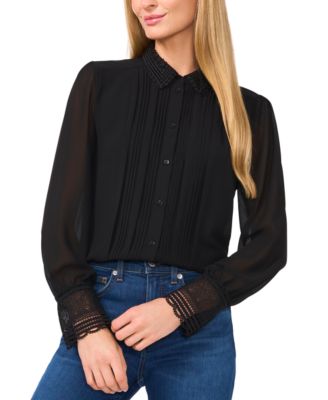 CeCe - Women's Lace-Trim Pintuck-Front Long-Sleeve Blouse