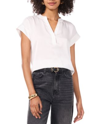 Vince Camuto - Women's Mixed-Media Split-Neck Short-Sleeve Top
