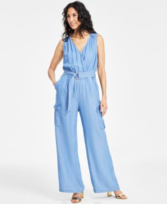 I.N.C. International Concepts - Women's Surplice Sleeveless Belted Chambray Jumpsuit, Exclusively at Macy's