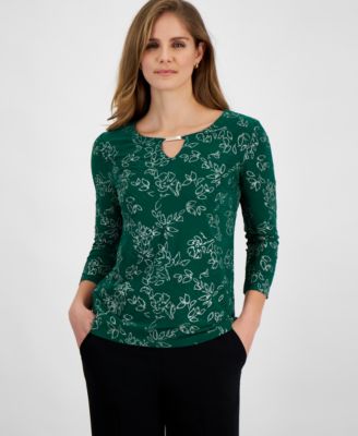 JM Collection - Petite Printed Jacquard Keyhole Top