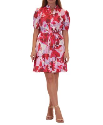 julia jordan - Women's Floral Puff-Sleeve Tie-Waist Shirtdress