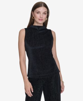 Halston - Women's Metallic-Flecked Mock Neck Sleeveless Top