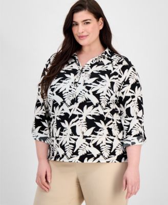 AK Anne Klein - Plus Size Button Roll-Tab Printed Blouse