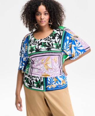 I.N.C. International Concepts - Plus Size Printed Ruched-Shoulder Top, Exclusively at Macy's