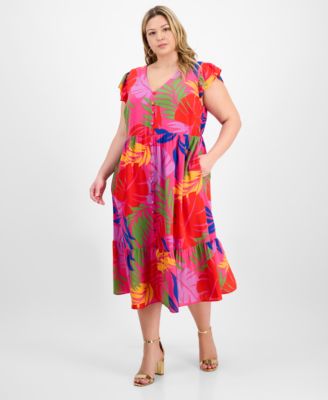Sandra Darren - Plus Size Printed Flutter-Sleeve Midi Dress