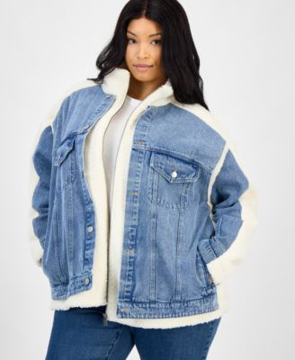 And Now This - Trendy Plus Size Denim-Front Teddy Jacket