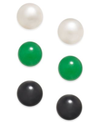 Macy's - 3 Pc. Set Cultured Freshwater Pearl (8mm), Onyx (8mm) and Green Quartz(8mm) Stud Earrings in Sterling Silver