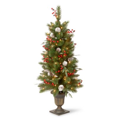 National Tree Company - 4' Frosted Pine Berry Collection Entrance Tree with   Cones, Red Berries, Silver Glittered Eucalyptus Leaves & Clear Lights in Bronze Pot