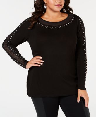Belldini - Plus Size Studded Mesh-Inset Tunic