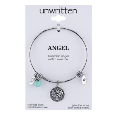 Unwritten - Angel Charm and Amazonite (8mm) Bangle Bracelet in Stainless Steel