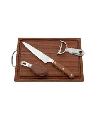 Fortessa - Bar Knife - walnut handle. Peeler - stainless steel. Channel Knife - stainless steel and walnut. Bar Board - walnut.