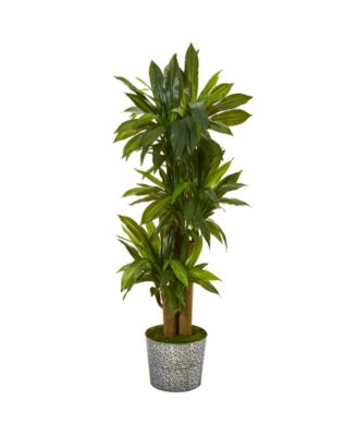 Nearly Natural - 58in. Corn Stalk Dracaena Artificial Plant in Black Embossed Tin Planter Real Touch