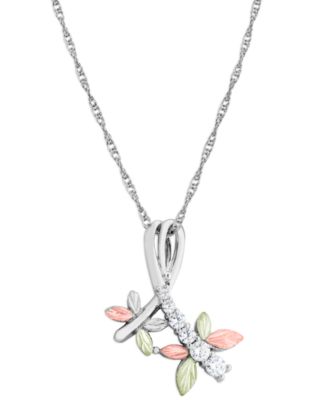 Black Hills Gold - Cubic Zirconia Dragonfly Pendant 18" Necklace in Sterling Silver with 12K Rose and Green Gold