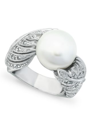 Macy's - Imitation Pearl and Multi Row Pave Cubic Zirconia Ring in Fine Silver Plate
