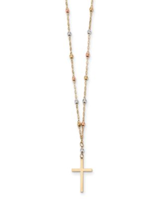 Macy's - Tricolor Beaded Cross 17" Pendant Necklace in 14k Yellow, White & Rose Gold